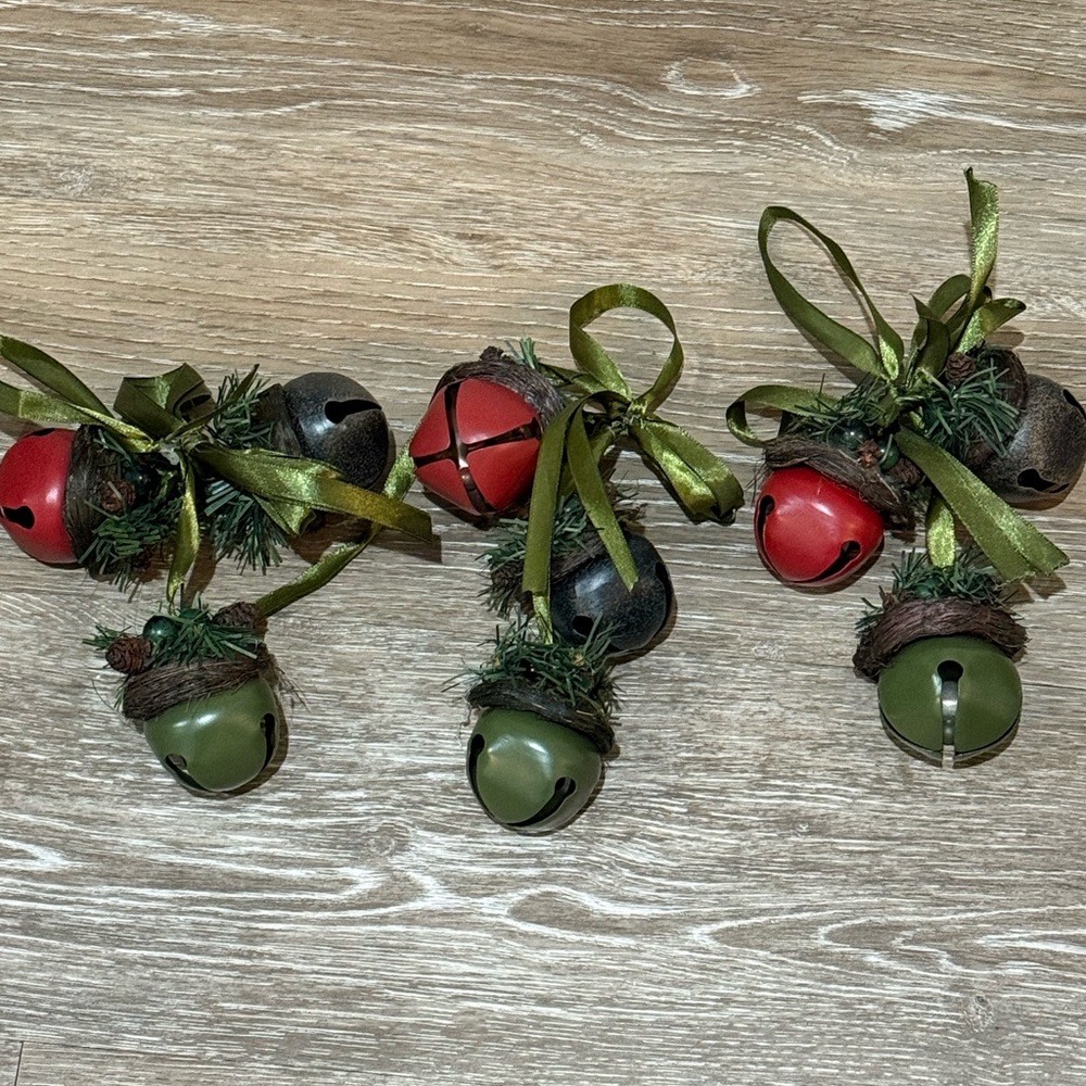 Set of 3 Vintage Rustic Jingle Bell Ornaments 8” Pine Green Ribbon.